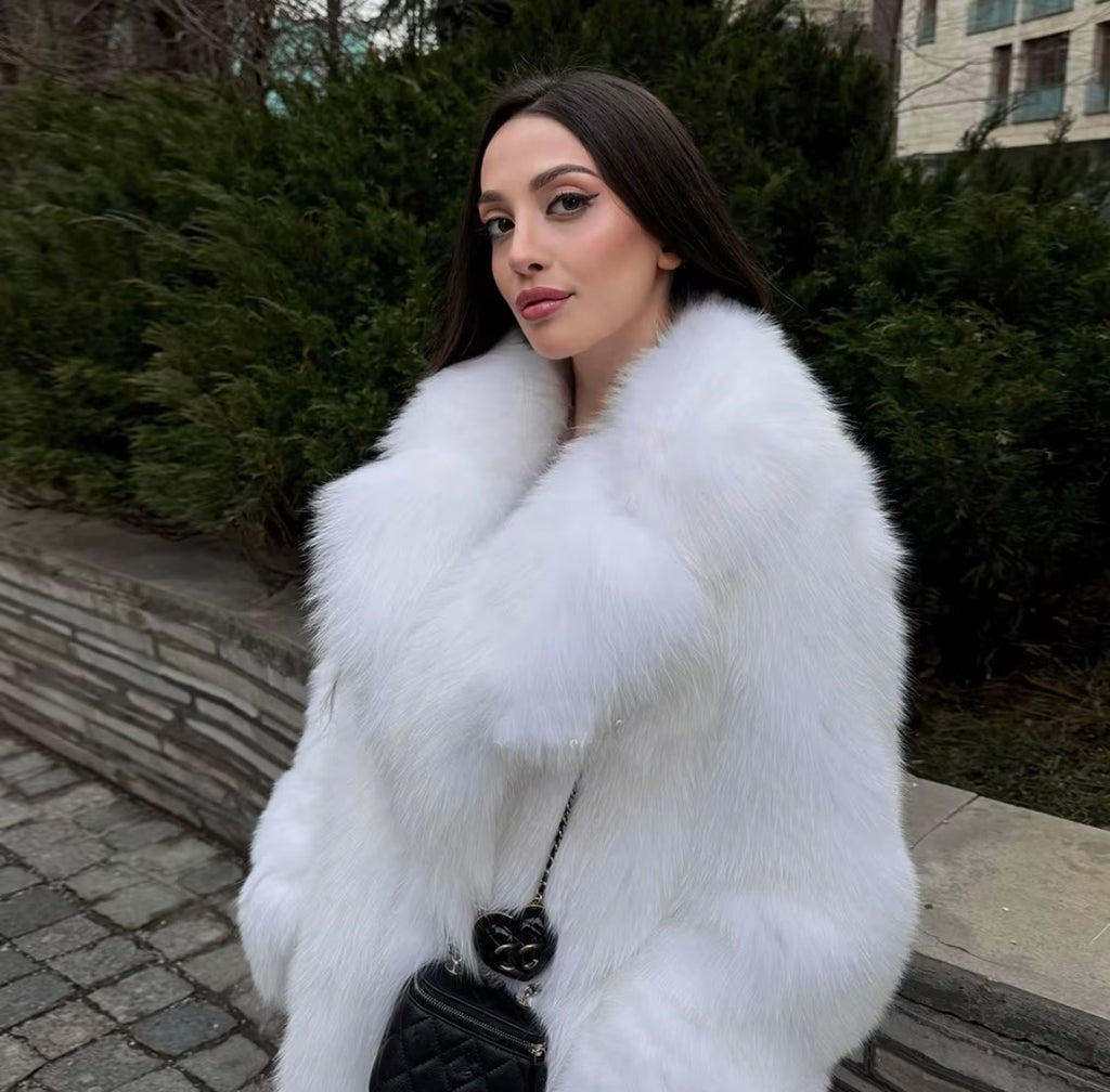 Luxury Women's White Faux Over Coat - Elegant Long Faux Fur Jacket with Oversized Collar for Winter
