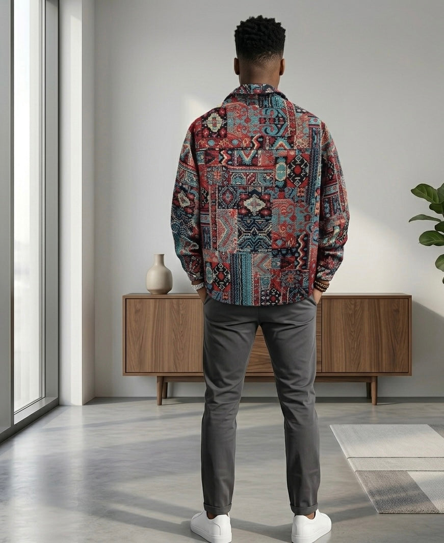 Thick Retro Men's Tapestry Jacket | Vintage Inspired Graffiti and Solar System Streetwear Shacket | Heavyweight Patterned Button-Down Coat