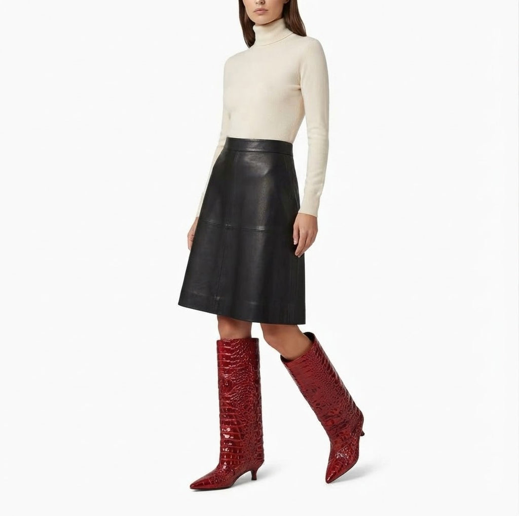 Women’s Slouch Knee-High Boots — Pointed-Toe Kitten Heel Crocodile Embossed Long Boots