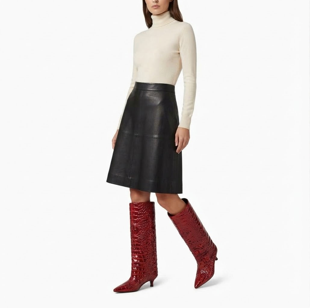 Women’s Slouch Knee-High Boots — Pointed-Toe Kitten Heel Crocodile Embossed Long Boots