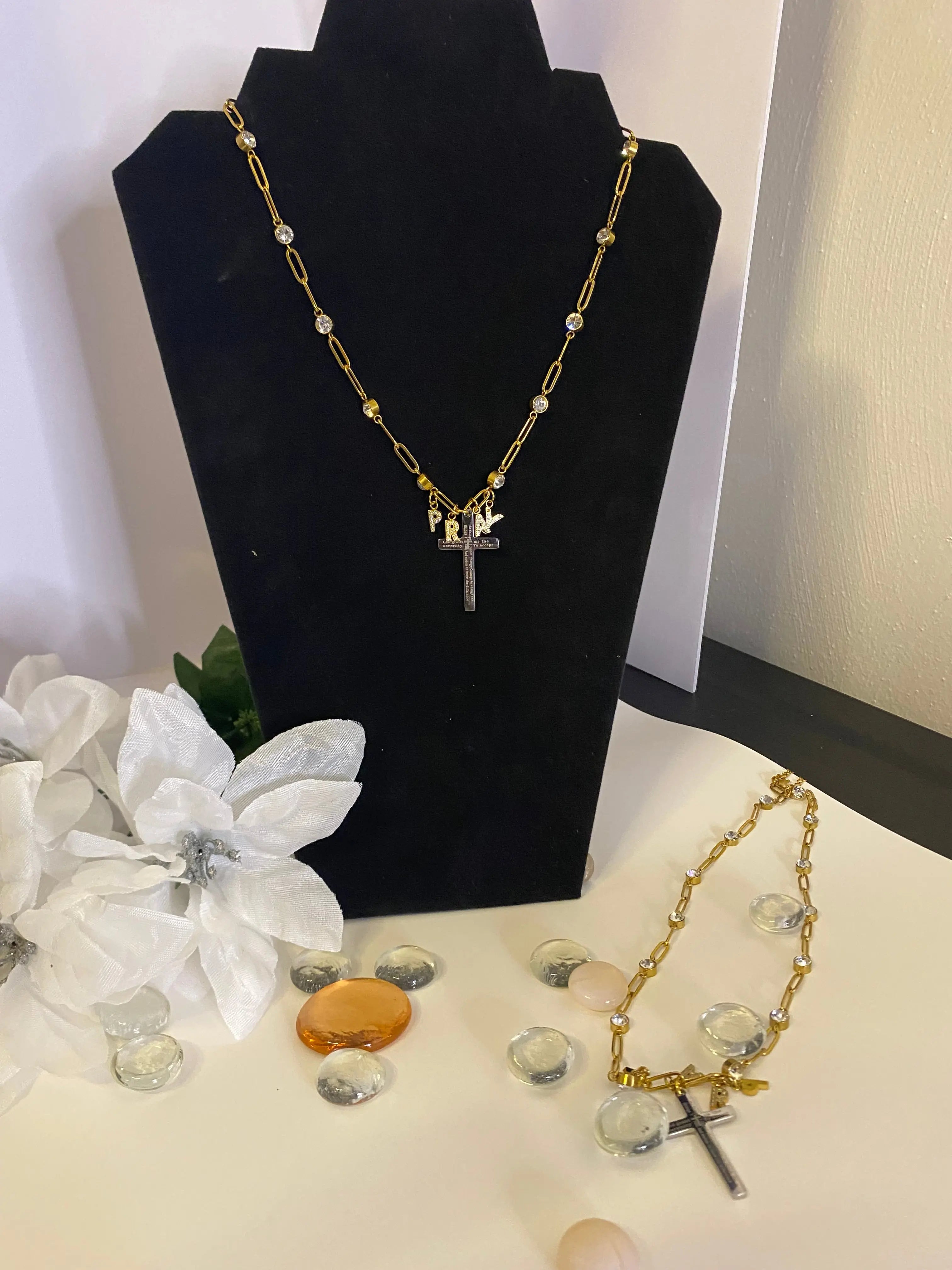 18K Gold PVD “PRAY” Cross Charm Necklace – Non-Tarnish Stainless Steel with CZ Accents - JNi3 shop