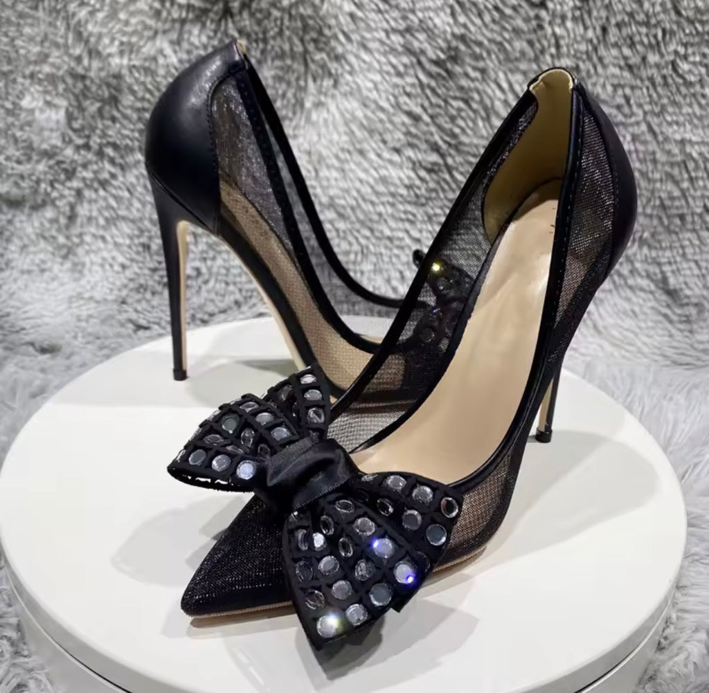 Black Lace Mesh High Heels with Bow Accents | Pointed Toe Stiletto Pumps | Pearl, Rhinestone & Classic Lace Wedding & Evening Shoeshine
