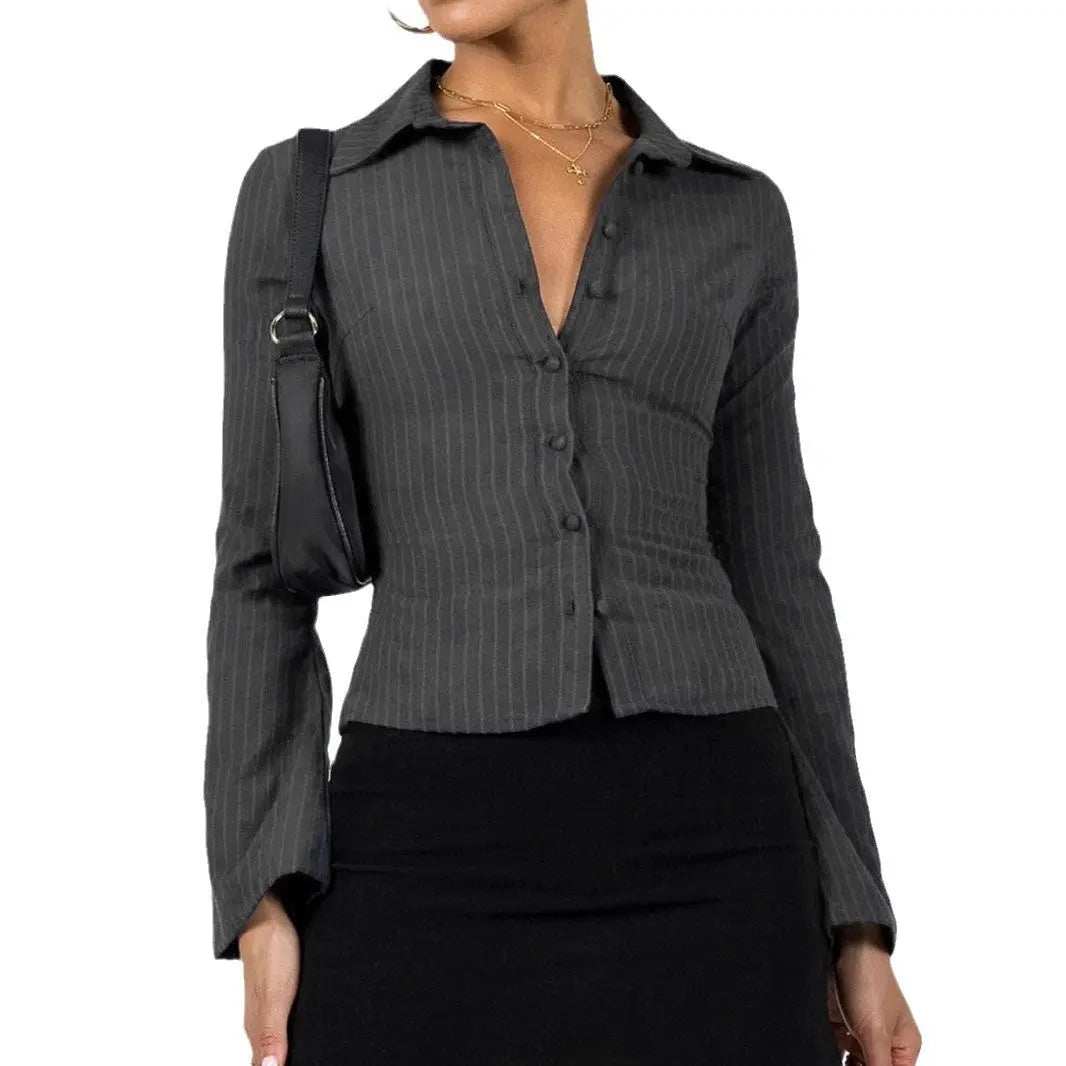 Lapel Breasted Cardigan Long Sleeve Shirt Slim Striped Top JNi3 shop