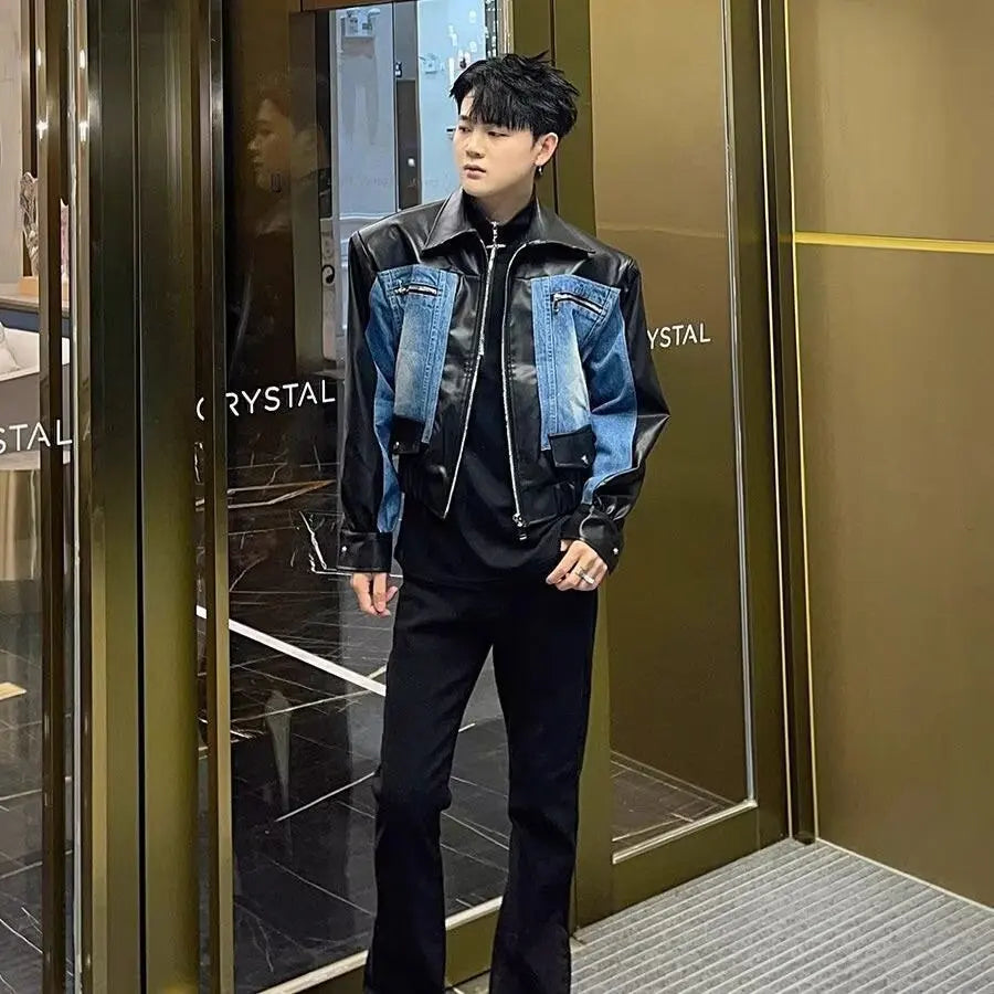 High-grade Stitching PU Leather Coat Cross-border Denim Coat Dropshipman