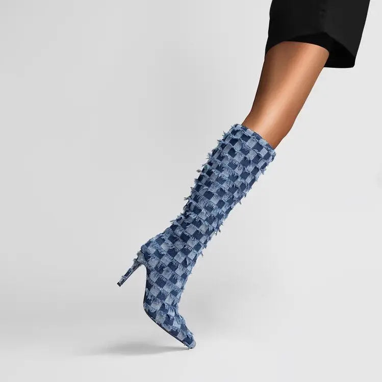 Chessboard Plaid Denim Blue Cloth Women's Boots Dropshipman