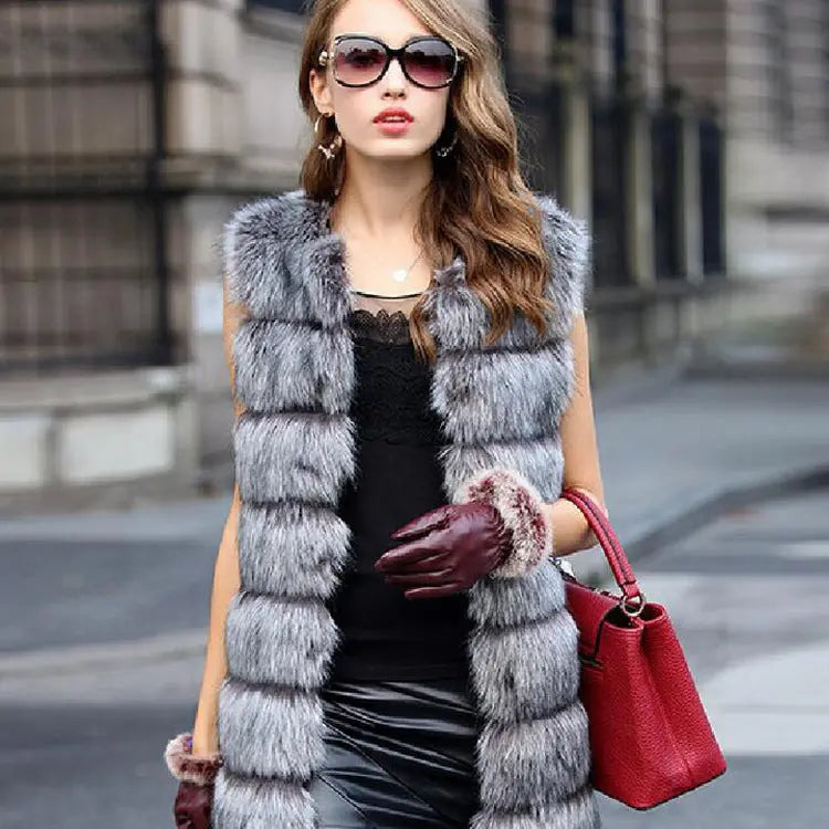 Ladies Faux Fox Fur Vest Slim Jacket JNi3 shop