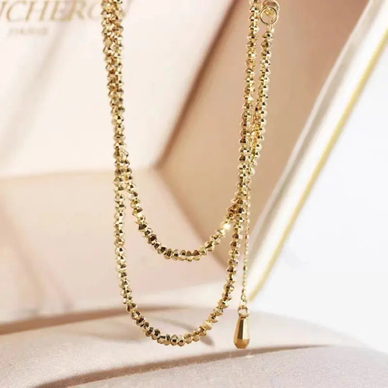 18K Gold Necklace Bungee Laser Bead Wave Bead Chain - JNi3 shop