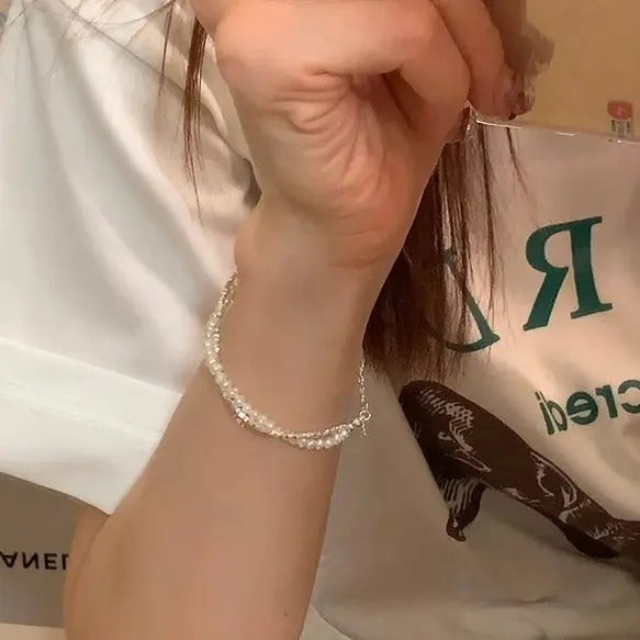 S925 Sterling Silver Natural Baroque Pearl Small Pieces Of Silver Double-layer Bracelet JNi3 shop