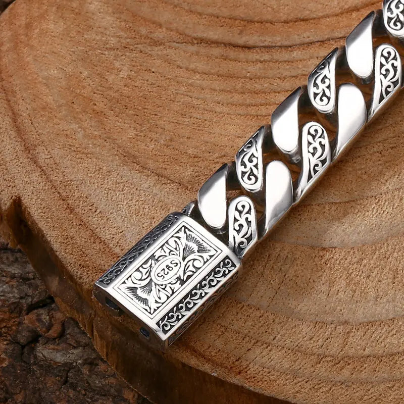 925 Sterling Silver Bracelet Tangcao Pattern Cuban Men Thick Type - JNi3 shop