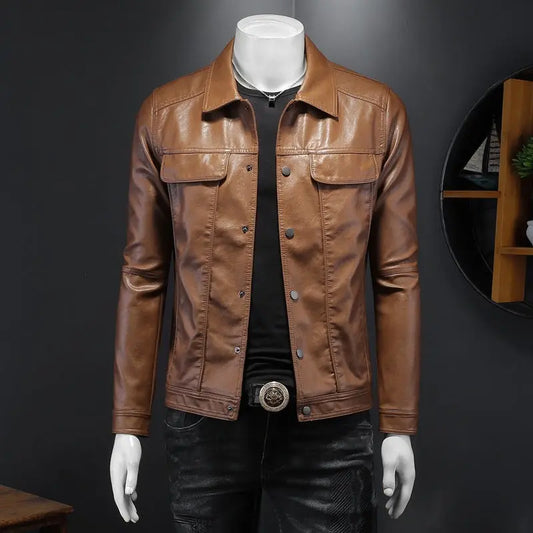 Men's Long-sleeved Lapel Motorcycle Pu Handsome Leather Coat Cjdropshipping