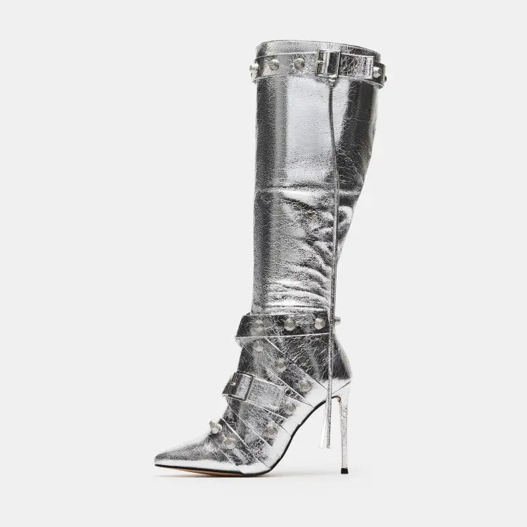 Metal Leathern Pointed Stiletto Heel High Leg Boot Rivet JNi3 shop