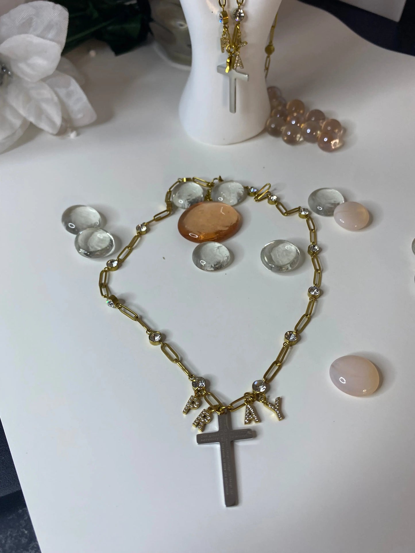 18K Gold PVD “PRAY” Cross Charm Necklace – Non-Tarnish Stainless Steel with CZ Accents - JNi3 shop