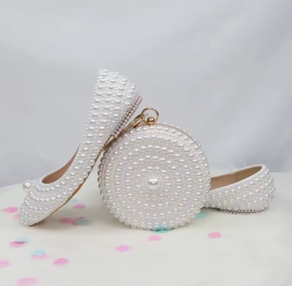 Pearl Wedding Shoes and Matching Clutch Set, Bridal Stilettos or Flats, Beaded Wedding Heels, Custom Bride Handbag and Shoes