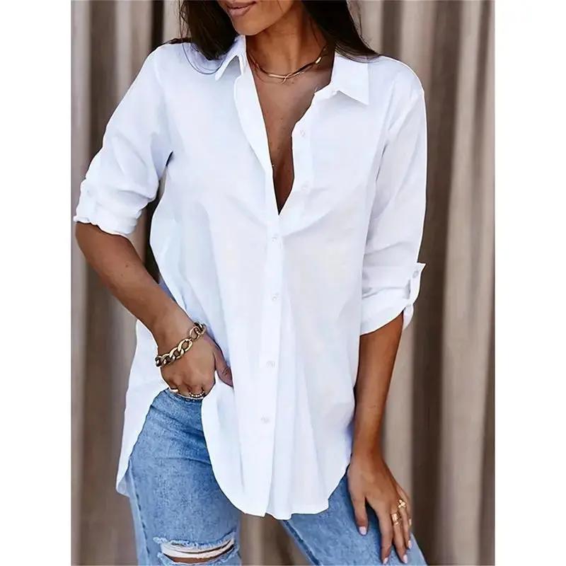 Women's Casual Long Sleeve Button-Down Shirt With Roll-Up Sleeves, Stylish Mid-Length Blouse For Everyday Wear JNi3 shop