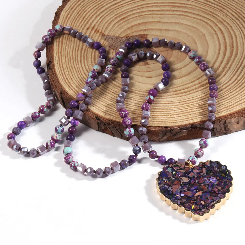 Glass Necklace Gravel Heart Pendant Sweater Chain JNi3 shop