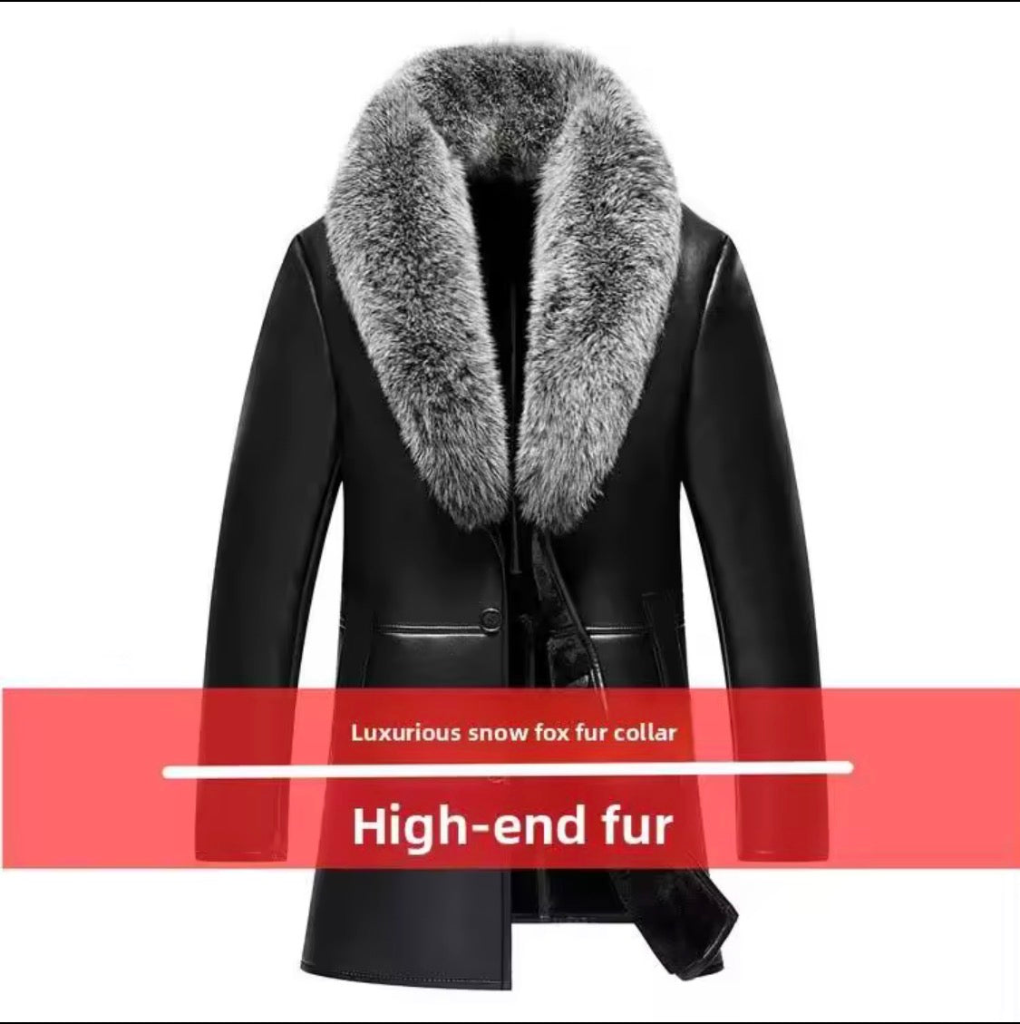 Men’s Real Sheepskin Leather Coat Mid-Length Winter Jacket with Fox Fur Collar and Plush Fur Lining