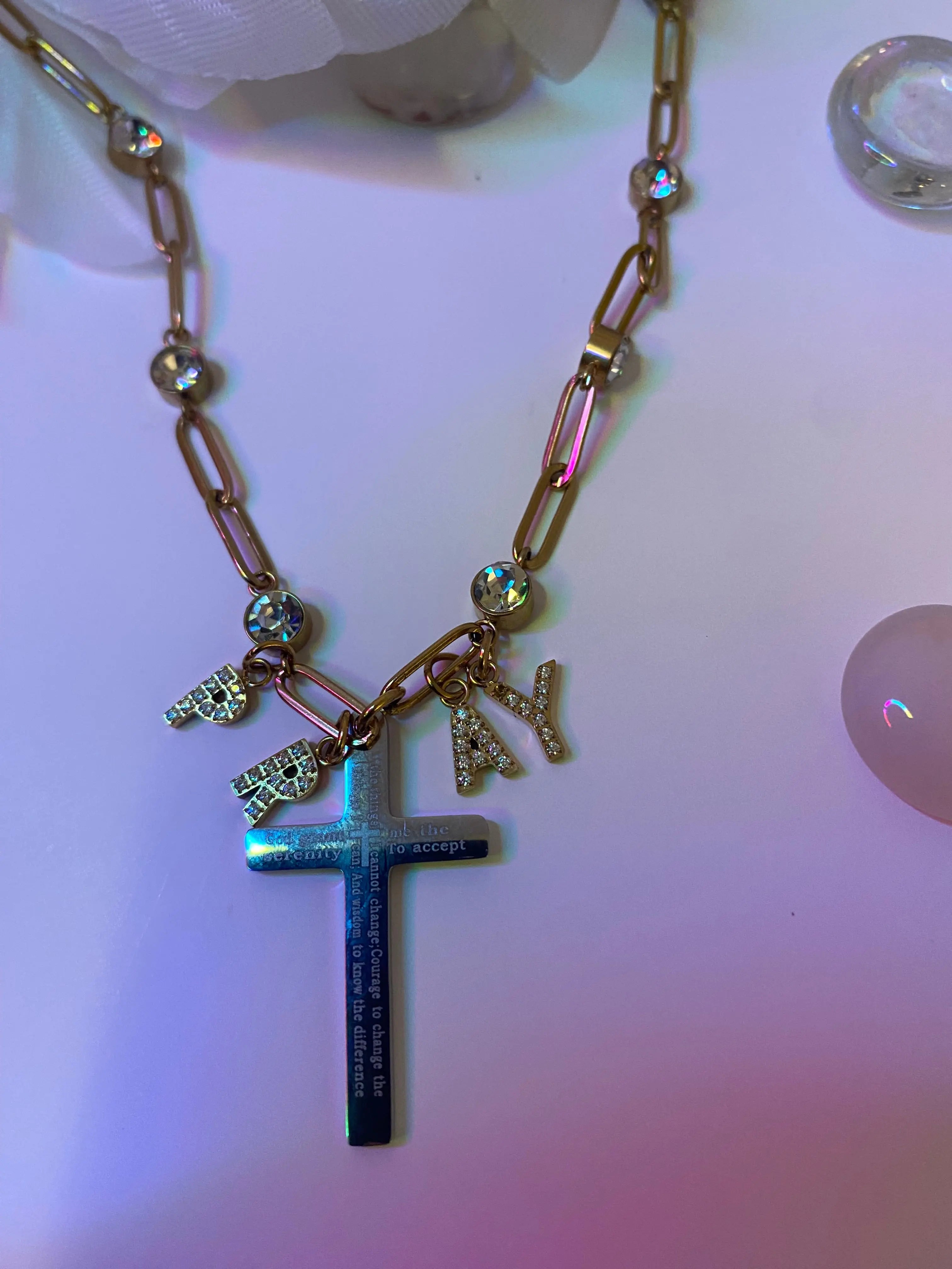 18K Gold PVD “PRAY” Cross Charm Necklace – Non-Tarnish Stainless Steel with CZ Accents - JNi3 shop