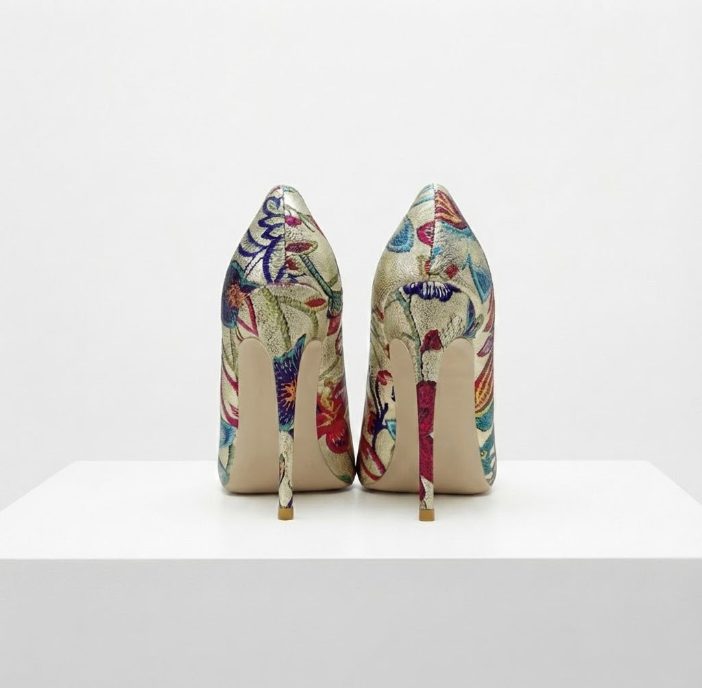 Floral  Metallic Stiletto Pumps