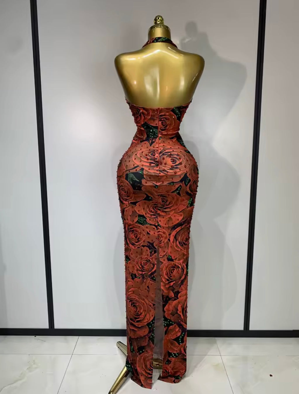 Red Rose Rhinestone Halter Maxi Dress | Floral Mesh Bodycon Evening Gown | Glam Formal Party Dress | Floor Length Backless Dress | Elegant Dress