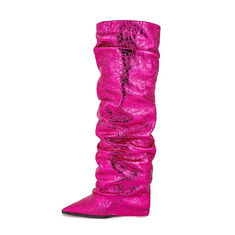 Women's Pointed Stitching Sleeve Flanging Pleated High Leg Boot Dropshipman