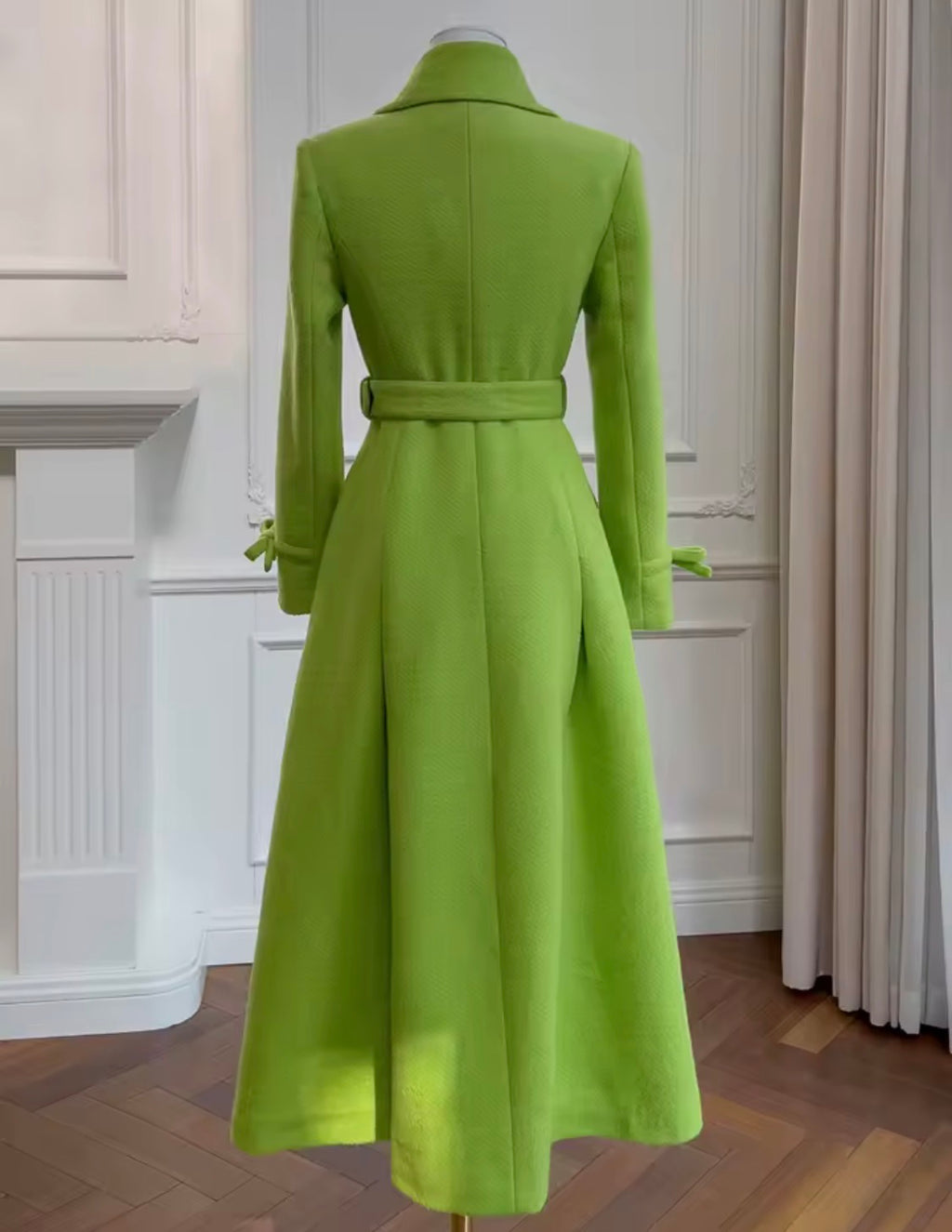 Lime Green Double Breasted Elegant Pleated A-Line Belted Woolen Trench Coat