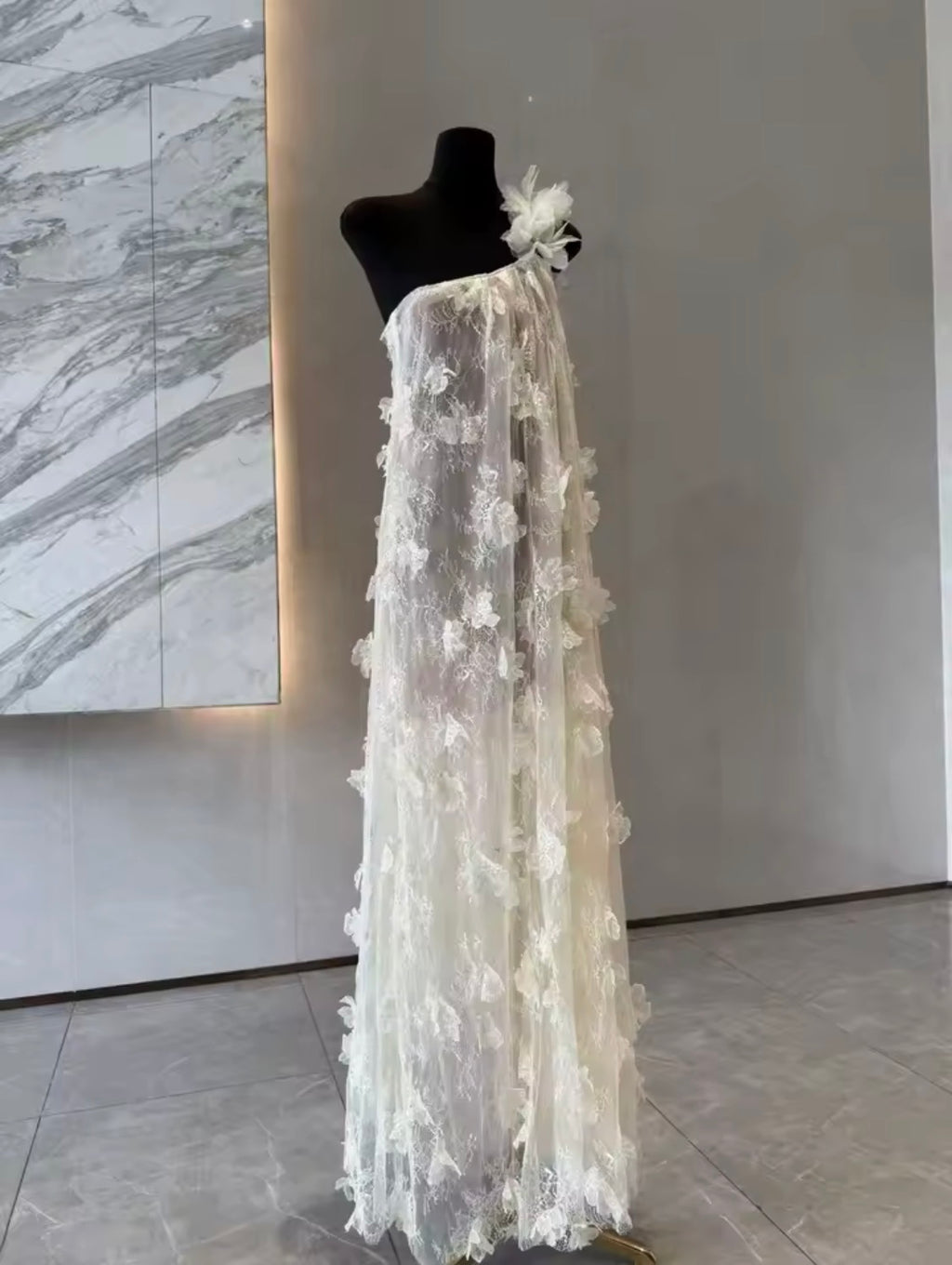 White 3D Floral One-Shoulder Maxi Dress | Ethereal floral Appliqué Summer Gown