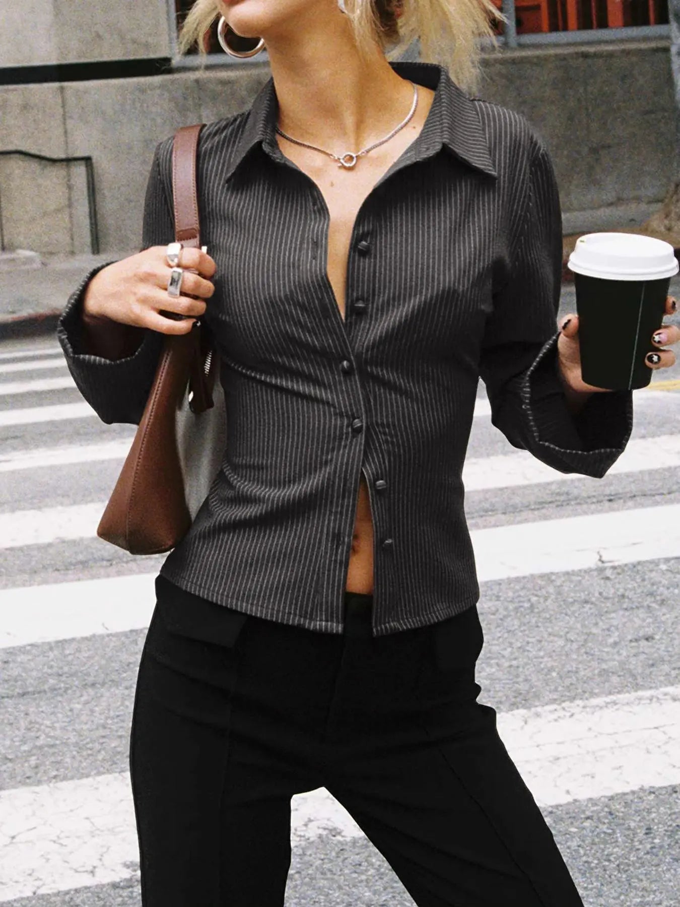 Lapel Breasted Cardigan Long Sleeve Shirt Slim Striped Top JNi3 shop