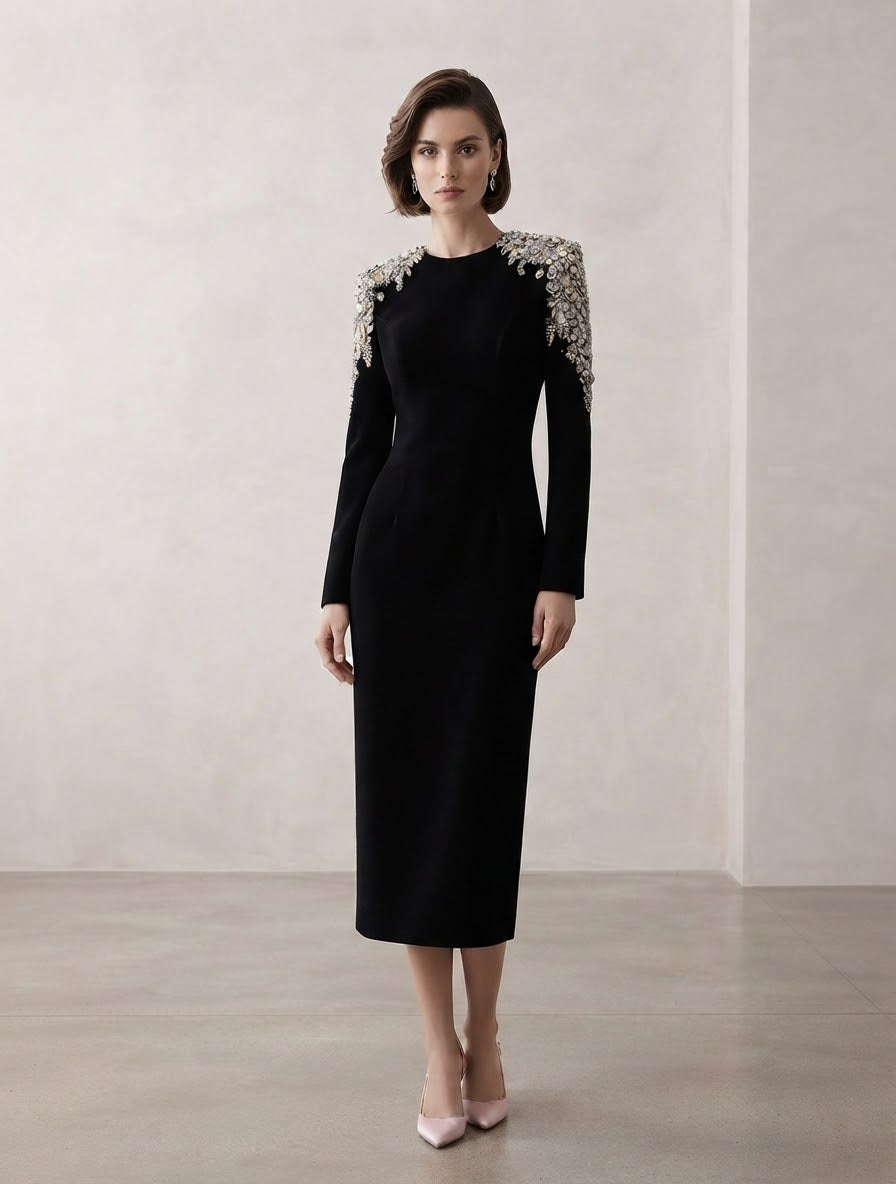 Elegance Crystal Beaded Shoulder Midi Dress, Long Sleeve Cocktail Party Dress, Luxury Formal Evening Gown