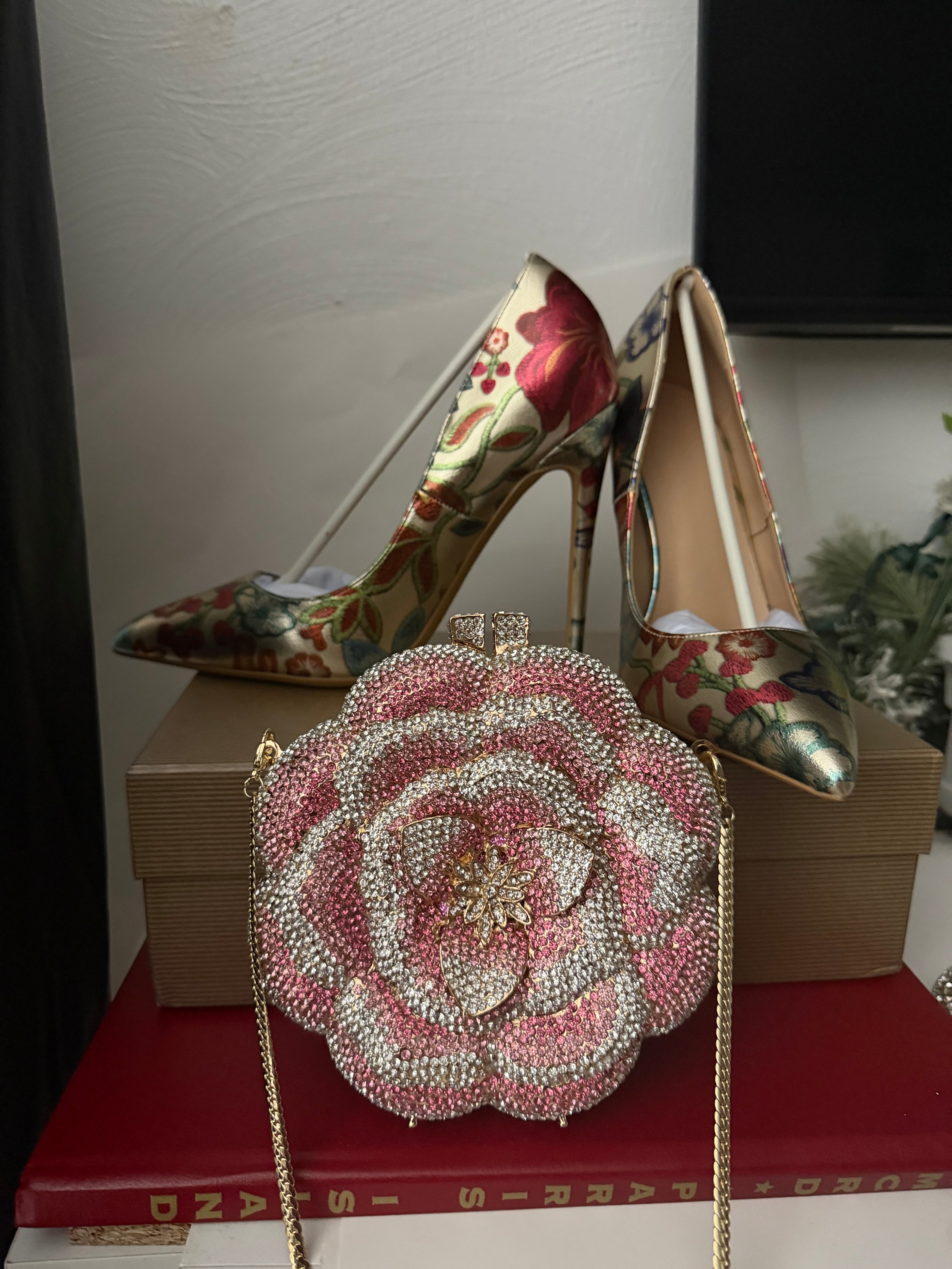 Floral Embroidered Heels and Crystal Clutch Set | Wedding Shoes Matching Bag | Bridal Evening Party Pumps | Luxury Formal Occasion Set