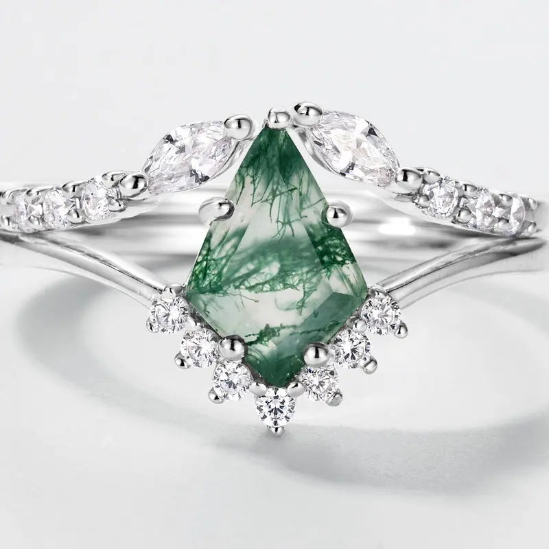 Natural Green Moss Stone Stacked S925 Silver Inlaid Agate Ring - JNi3 shop