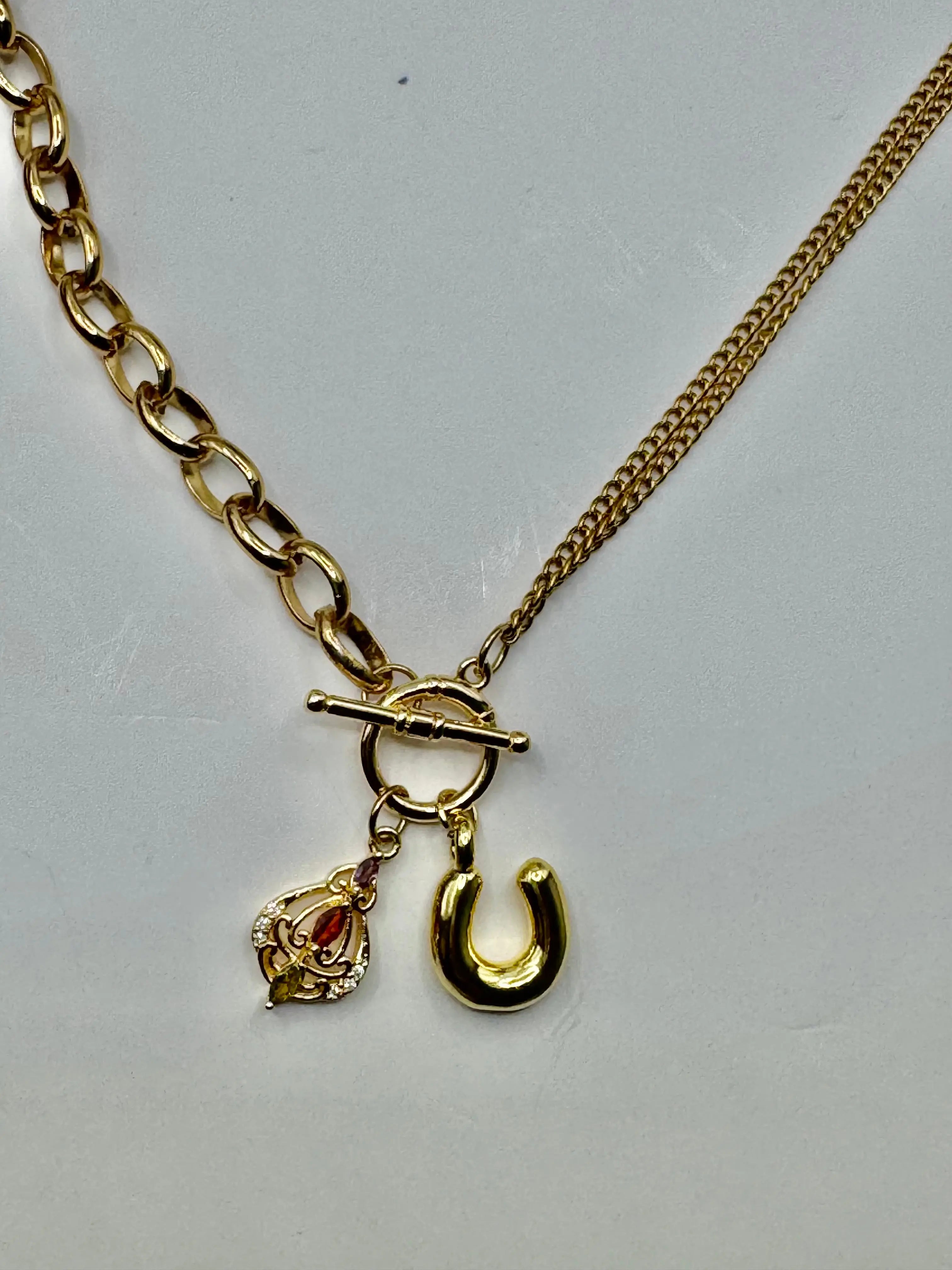 18K Gold PVD Initial Necklace with Multi-Color Gemstone Charms | Toggle Clasp Non-Tarnish Chain - JNi3 shop