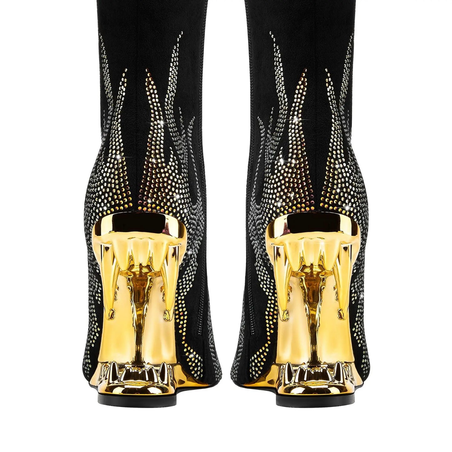 European And American Style Tiger Tooth Profiled Heel Skinny Stretch Boots Rhinestone Flame Dropshipman