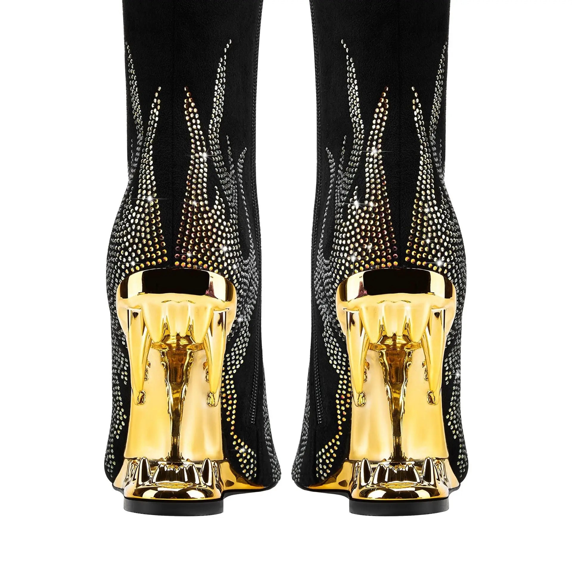 European And American Style Tiger Tooth Profiled Heel Skinny Stretch Boots Rhinestone Flame Dropshipman