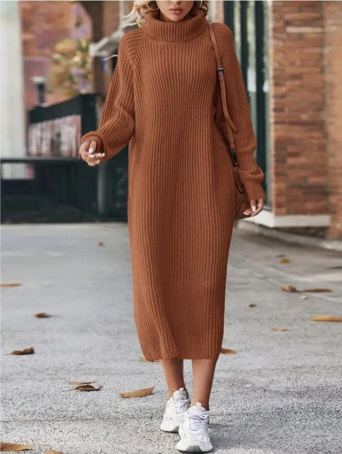 Winter Turtleneck Knitted Sweater Dress Fashion Solid Loose Pullover Long Dresses For Women Clothing Cjdropshipping