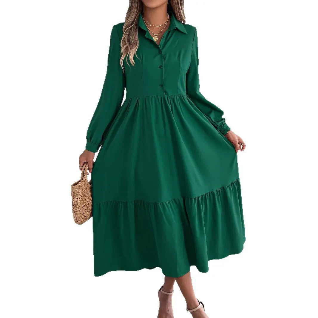 Women's Lapel Casual Loose Long Sleeve Ruffled Shirt Dresses JNi3 shop