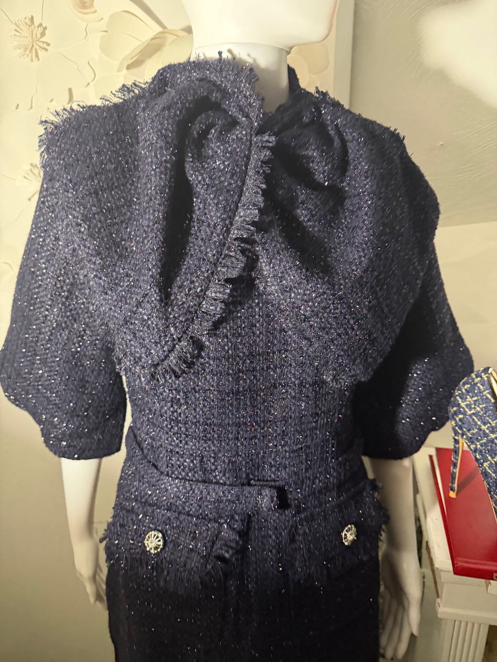Navy Blue Tweed Belted Midi Dress and Pointed-Toe 12cm Stiletto Pump Set | 2-Piece