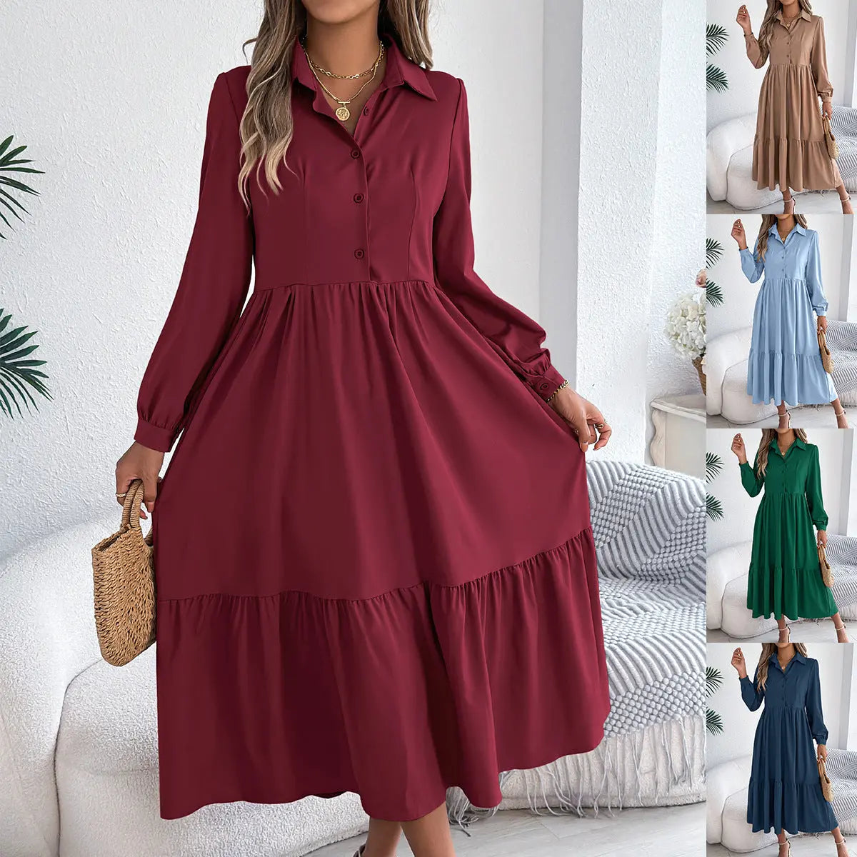 Women's Lapel Casual Loose Long Sleeve Ruffled Shirt Dresses JNi3 shop