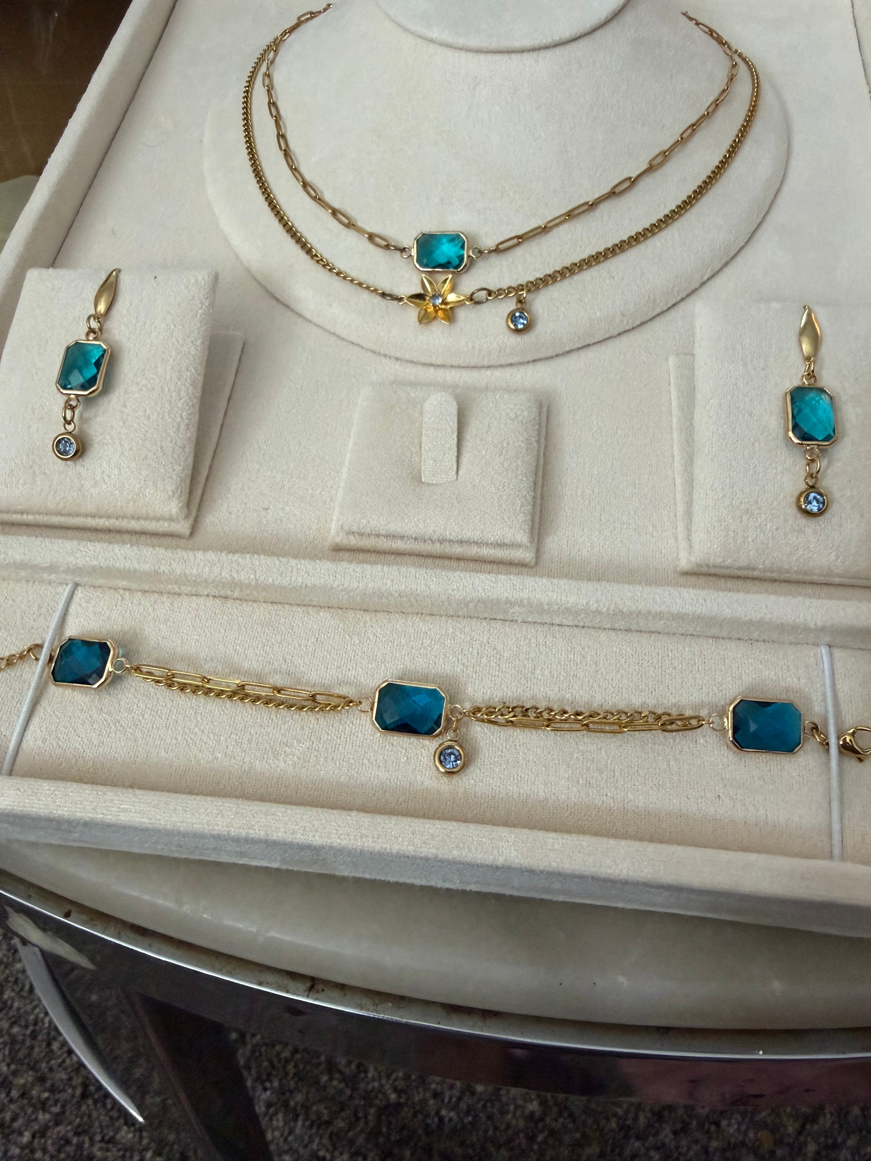 18k Gold PVD Birth Month double layered pendant Necklace, Bracelet and Earrings 3 pce set.