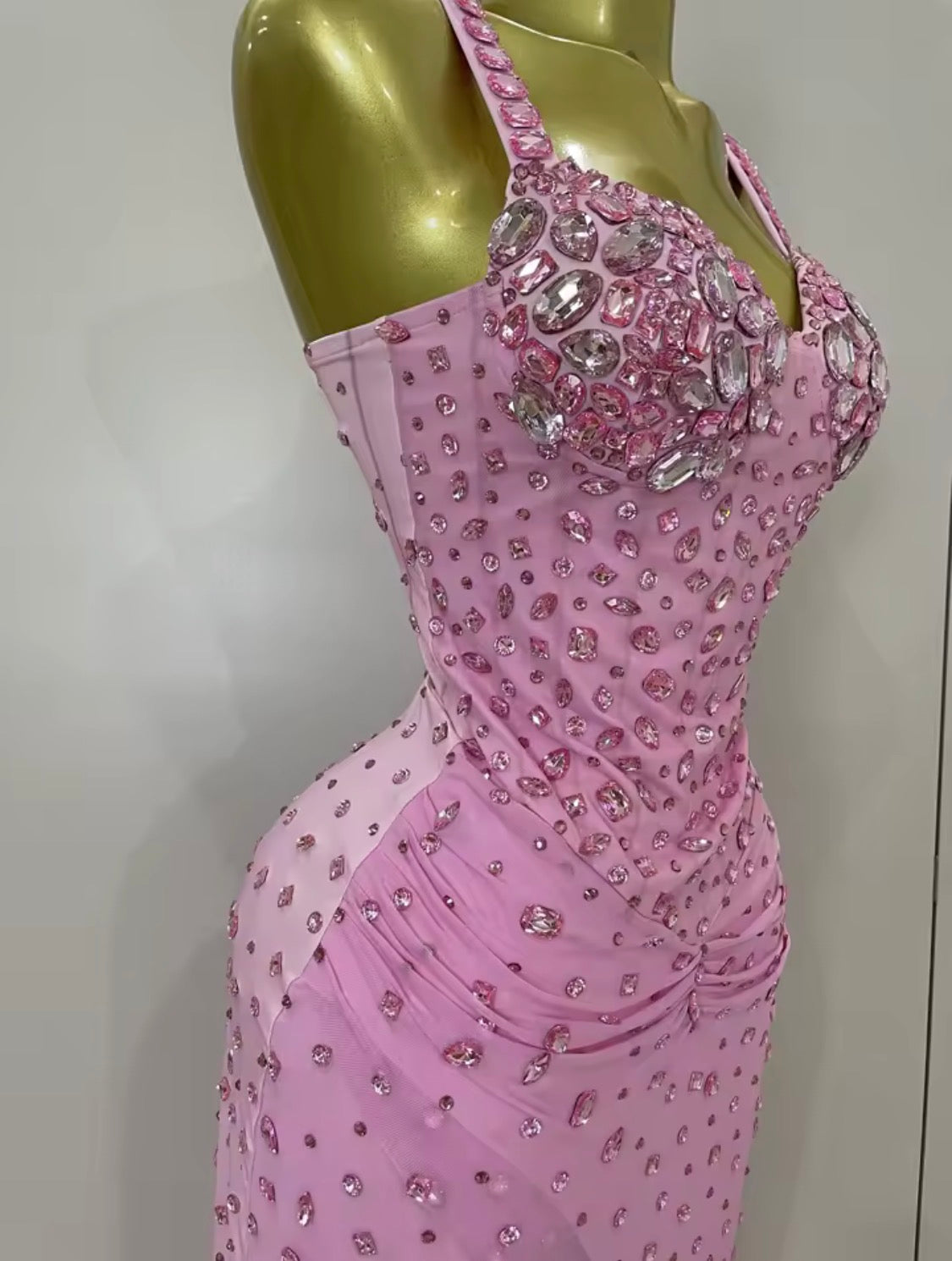 Pink Crystal Rhinestone Evening Gown, Formal Prom Dress, Glamour Bodycon Corset Maxi Dress, Sparkly Birthday Gala Dress, High Slit Gown
