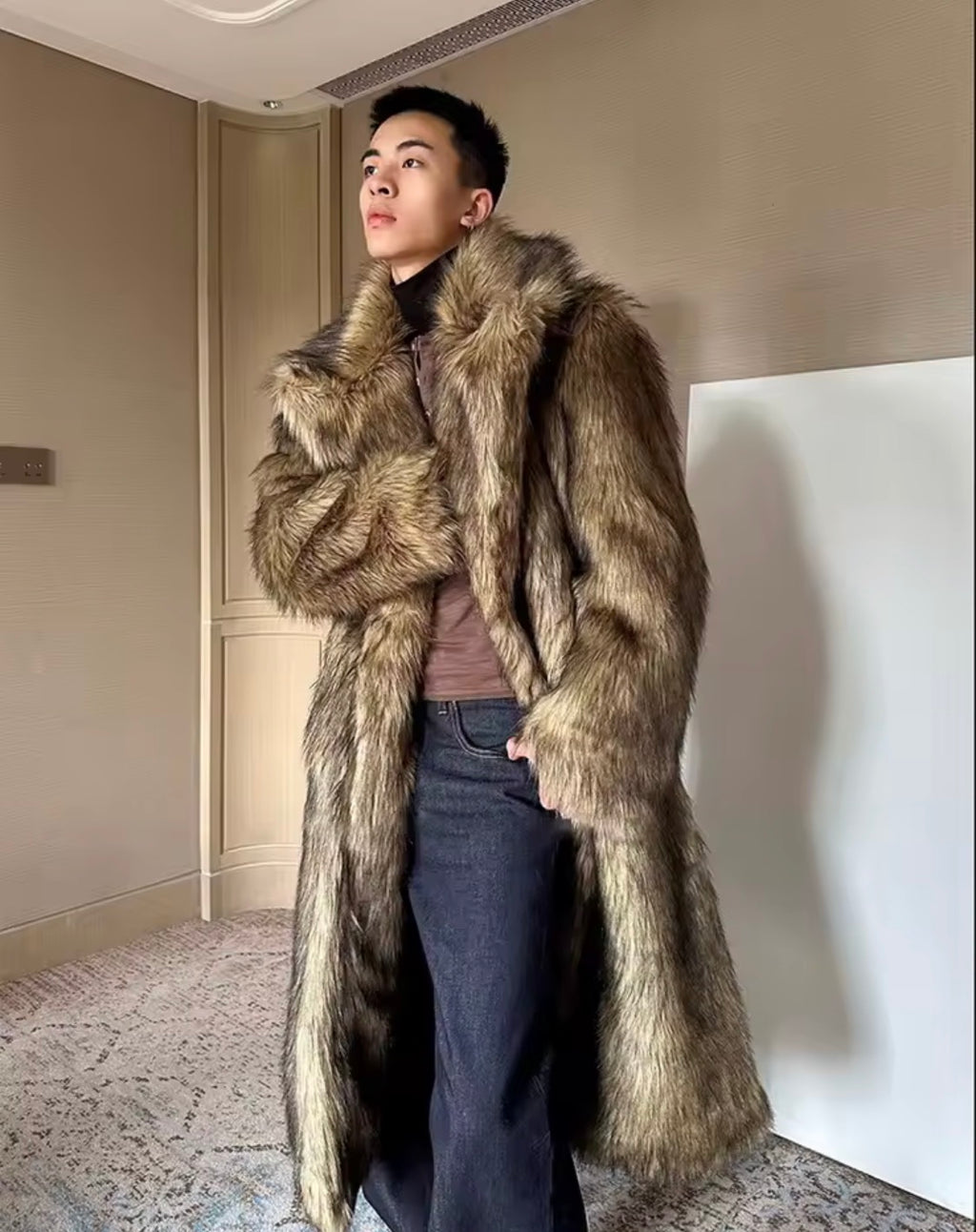 Luxury Men’s Long Faux Fur Trench Coat | Statement Oversized Winter Outerwear | Warm Shaggy Wolf Fur Style Coat