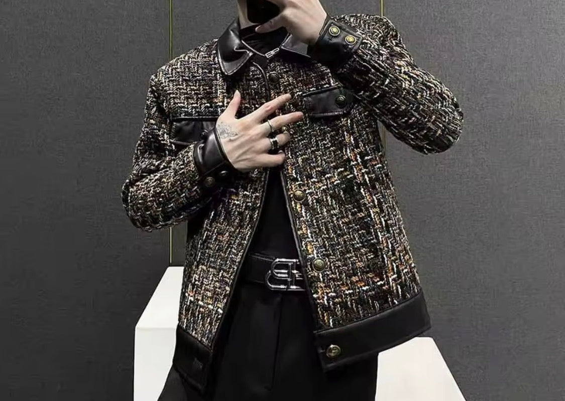 Men’s Tweed Patchwork Jacket – Faux Leather Trim Multi-Color Bouclé Trucker Jacket | Vintage Luxury Streetwear Outerwear