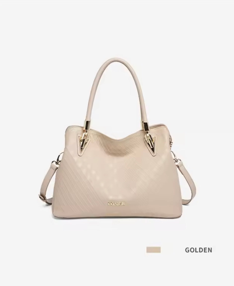 FOXER Luxury Genuine Cow Leather Top Handle Handbag – Designer Woven Pattern Tote, Multi-Compartment Satchel & Crossbody Bag for Women