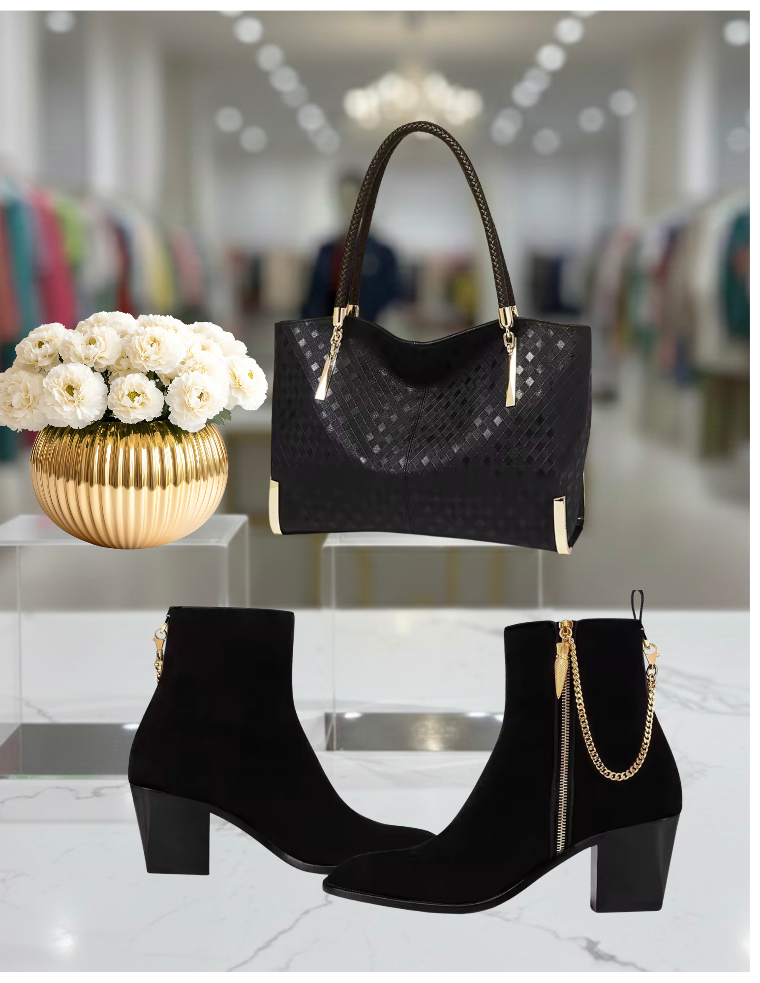 Black Leather Purse and Shoe Set | Gold Accent Boots or Heels, Genuine Leather, Cowhide