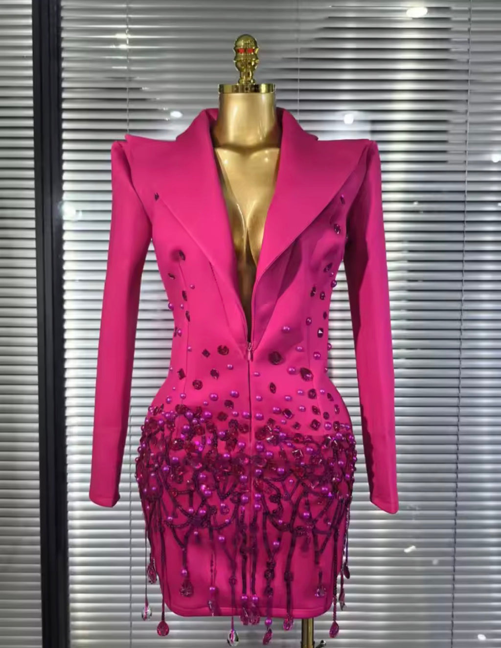 Luxury Crystal Rhinestone Blazer Mini Dress, Beaded Fringe Formal Party Gown, Sculptural Lapel Evening Cocktail Dress, Birthday Outfit Women