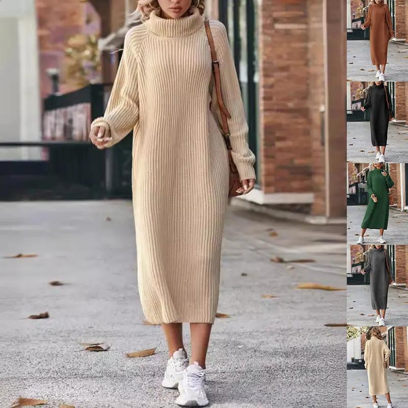 Winter Turtleneck Knitted Sweater Dress Fashion Solid Loose Pullover Long Dresses For Women Clothing Cjdropshipping