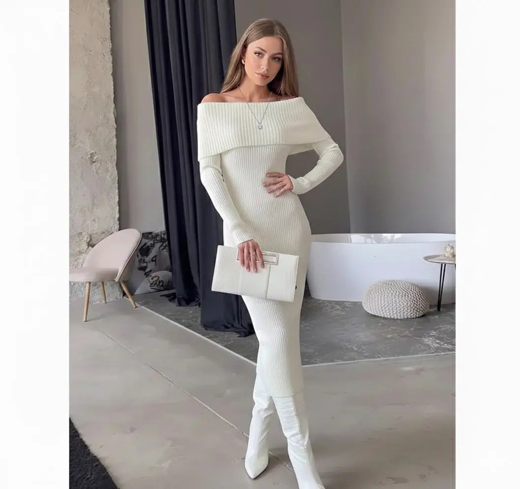 Ultimate Red Luxe Night Out Ensemble - Off-Shoulder Knit Dress, Knee-High Crocodile Boots, Statement Necklace & Clutch