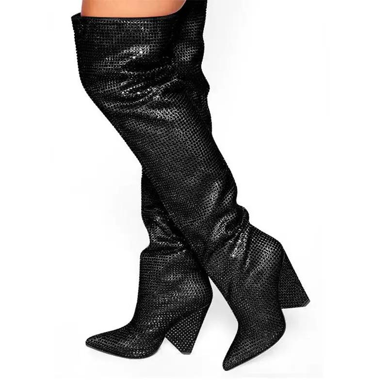 Pointed Tapered Heel Wedge Starry Rhinestone Plus Size Below The Knee Boots Cjdropshipping