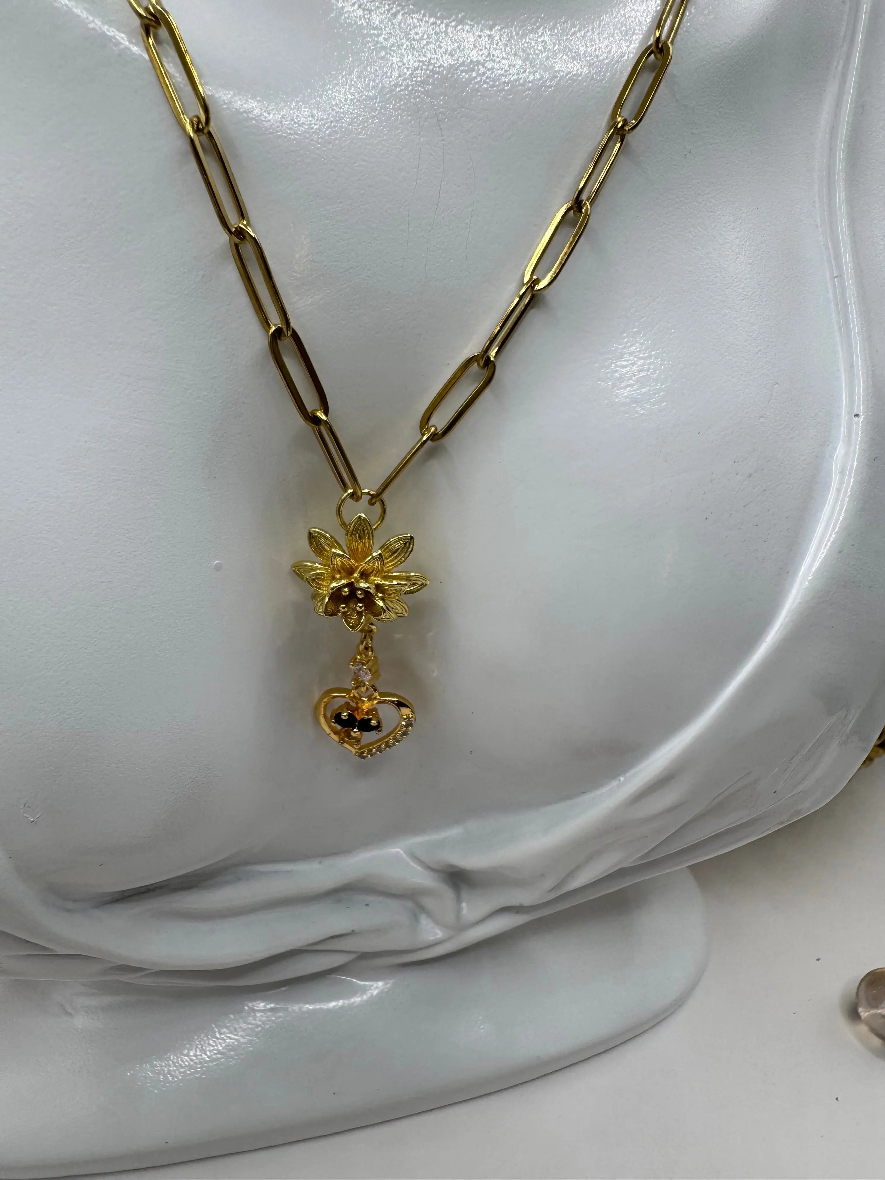 Blue Bloom Heart Drop – 18k Gold PVD Necklace with Floral Accent and Blue Crystal Heart Charm - JNi3 shop