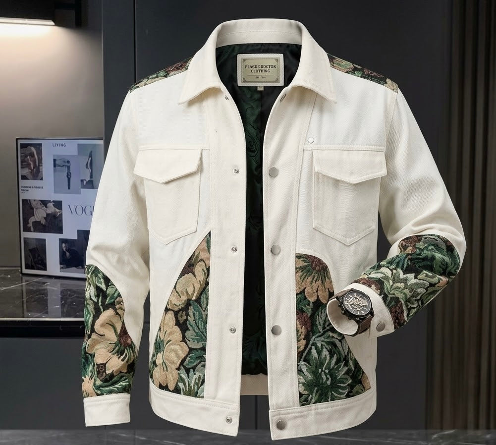 Men's Vintage Floral Patchwork Jacket | Retro Trim Trucker Coat