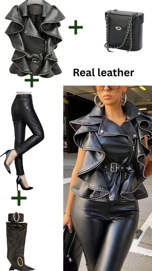 Women's All Black Genuine Leather Pants and Jacket outfit JNi3 shop